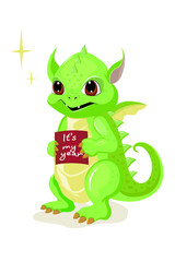 Cute fantasy dragon , happy Chinese New Year holiday, Christmas. Baby dino cartoon animal character. Xmas celebration. greeting card.