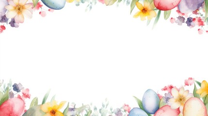 Naklejka na ściany i meble Easter watercolor border frame with yellow flowers and colorful eggs, white free copy space