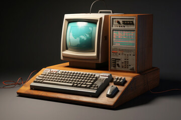Vintage personal computer on desktop, close up. Retro style background with pc from 80s. Nostalgia concept