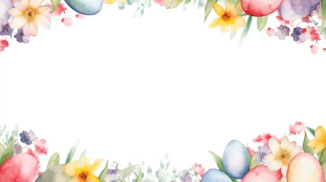 Easter watercolor border frame with yellow flowers and colorful eggs, white free copy space