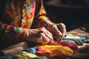 Woman sewing by hand with needle. Close up hands of female tailor