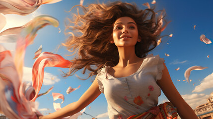 Girl Moving in the Wind with Dress and Hair: A Dance of Freedom and Natural Grace. Concept of Effortless Beauty, Playful Movement, and the Whimsy of the Breeze.