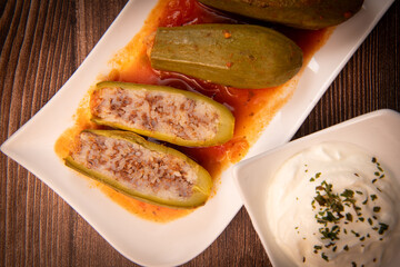 RECIPE FOR LEBANESE-STYLE MINI ZUCCHINI STUFFED WITH RICE AND BEEF IN A TOMATO SAUCE, High quality photo