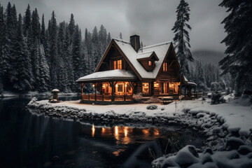 Wooden cottage with light in windows in mountains. Glowing old hut cabin in snowy forest near lake at dark. Living building in nature landscape. Quiet place for relax