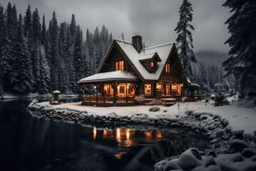 Fototapeta premium Wooden cottage with light in windows in mountains. Glowing old hut cabin in snowy forest near lake at dark. Living building in nature landscape. Quiet place for relax