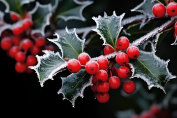 The crunchy texture of frost-covered holly leaves with bright red berries