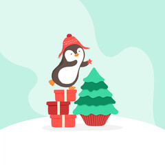 Christmas Card with Penguin, Merry Christmas and New Year