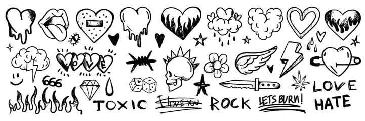 Doodle grunge rock set, hand drawn vector graffiti groovy punk print kit, emo gothic heart sign. Marker scribble sticker, crayon wax paint collage icon, gun, fire, knife, lips. Street grunge doodle - obrazy, fototapety, plakaty