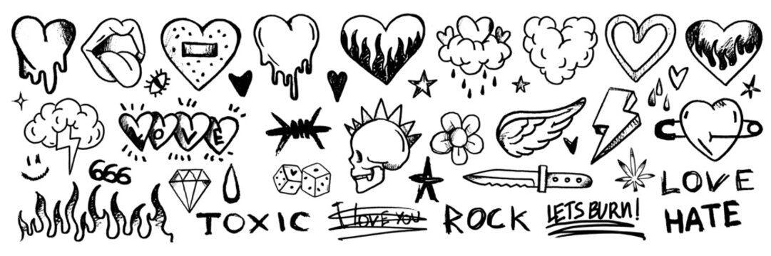 Doodle grunge rock set, hand drawn vector graffiti groovy punk print kit, emo gothic heart sign. Marker scribble sticker, crayon wax paint collage icon, gun, fire, knife, lips. Street grunge doodle