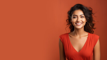 Indian woman model wear red sundress isolated on pastel background