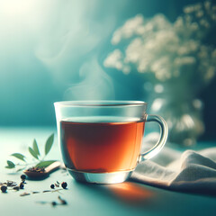 Steaming hot tea in a clear glass with loose leaves and soft bokeh lights on a serene blue background.