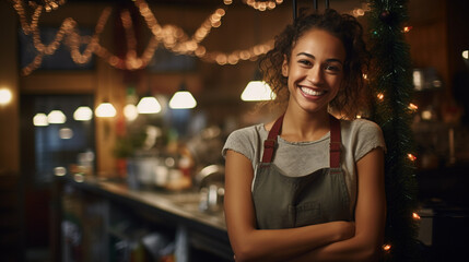 Cheerful, smiling, young, brown-haired girl working as a waitress and wearing a grey apron in a festive café with Christmas lights during the Christmas season