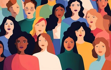 International women day graphic poster, crowd of different women, diversity illustration. Different race faces, front view, collective picture, community concept, rainbow colors. AI Generative