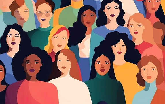 International women day graphic poster, crowd of different women, diversity illustration. Different race faces, front view, collective picture, community concept, rainbow colors. AI Generative