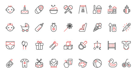 Red black thin line icons set for baby care. Toys and rattle for game activity of kid, nappy diaper, pacifier for newborn, bed carriage for infant child, girl boy faces vector illustration