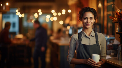 Cheerful, smiling, young, brown-haired girl working as a waitress, holding a cup, and wearing a grey apron in a festive café with Christmas lights during the Christmas season - obrazy, fototapety, plakaty