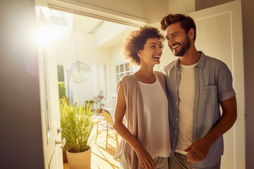 Portrait of cheerful couple inviting guests to enter home, happy young guy and lady standing in doorway of modern flat.