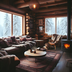 Wood cabin in winter scene
