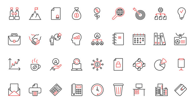 Red black thin line icons set for business vision, success company mission, office innovation in statistics system and target marketing, time management and finance projects vector illustration.