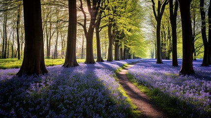 A springtime forest with a carpet of bluebells in full bloom