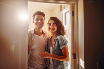 Portrait of cheerful couple inviting guests to enter home, happy young guy and lady standing in doorway of modern flat. - obrazy, fototapety, plakaty