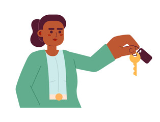 Real estate agent female giving key 2D cartoon character. African american realtor isolated vector person white background. House rental. Black woman professional color flat spot illustration