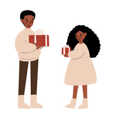 Set of Merry Christmas illustrations vector clipart, family decorating Christmas tree, diverse character giving present, children opening gifts, fireplace, home decore, Flat style images.