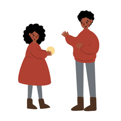 Set of Merry Christmas illustrations vector clipart, family decorating Christmas tree, diverse character giving present, children opening gifts, fireplace, home decore, Flat style images.