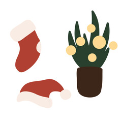 Set of Merry Christmas festive interior illustrations vector clipart, decorated Christmas tree, present, fireplace, xmas home decore, Flat style images.