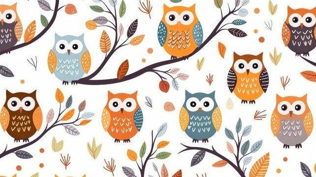Cute owl on branch pattern