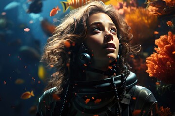 Skilled female diver gracefully explores the underwater world