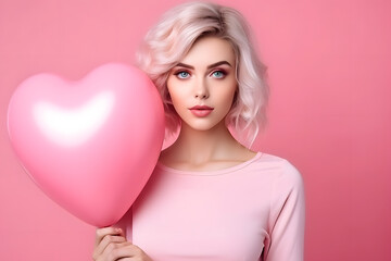 Beautiful young woman with a balloon in the shape of heart. Valentine's Day background.
