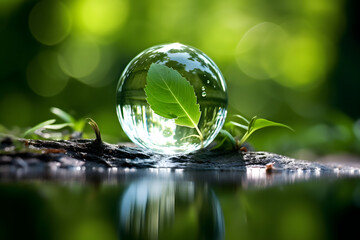 Earth in water reflection under green leaf. Earth day. - obrazy, fototapety, plakaty