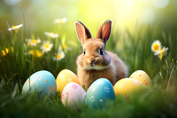 Fototapeta na wymiar Cute bunny rabbit with easter egg in green grass.Happy Easter Day background.