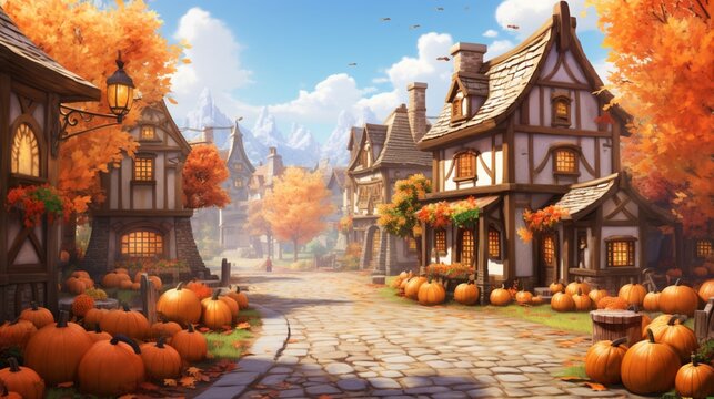 Fototapeta A charming autumn village with quaint cottages and pumpkins lining the streets