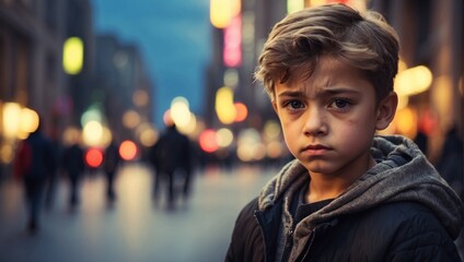 Little sad boy face portrait, close-up, blurred street background. Bullying at school problem....