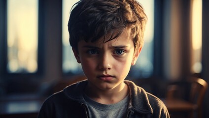 Sad kid face portrait, blurred dark room background. Domestic violence problem banner. Child dramatic emotion. Bullying at school problem. Childhood drama, generated by AI