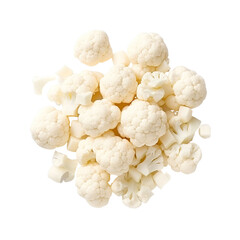 top view of diced vegetable cauliflower isolated on a white transparent background  - obrazy, fototapety, plakaty