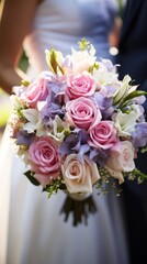 Beautiful fresh bouquet of flowers in the hands of the bride close-up