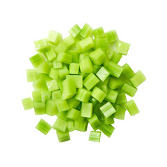 top view of diced vegetable celery isolated on a white transparent background 
