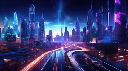 Fototapeta na wymiar Illustration of living in the city of cyberpunk simulation and metaverse futuristic neon light glow, vr virtual reality