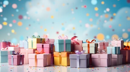 Fototapeta na wymiar Colourful gift boxes with confetti pastel backdrop
