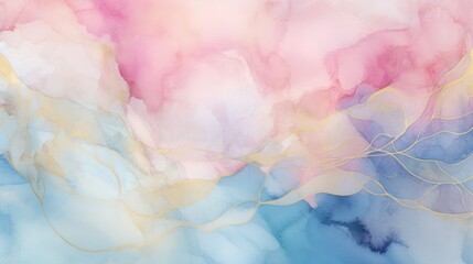 Watercolor pastel colors of pink and blue and gold, ink colors