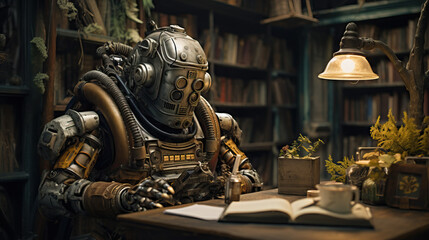 Robotic Vintage Cyborg in a Library: Reading Books Amidst the Pages of Time. Concept of Technological Nostalgia, Futuristic Intellect, and the Fusion of Artificial Intelligence with Knowledge Explorat