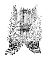 The Brooklyn Bridge. New York. USA. Hand drawn city sketch. Vector illustration.