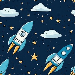 seamless pattern with rocket, space, stars on a blue background. Print for fabric. Children's design. wallpaper. endless background