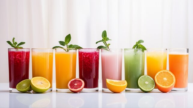 An array of juice glasses, each one containing a different fruit juice, their colors and freshness beautifully showcased against the bright white backdrop.