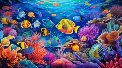 Fototapeta na wymiar An array of tropical fish, their scales a vivid spectrum of colors, swimming in a brilliantly colored coral reef.