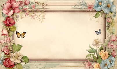 Vintage summer themed beautiful border with flowers and butterflies framed page in abstract and cream style.
