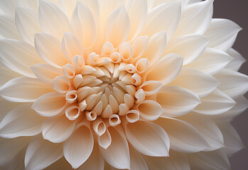 Regular dahlia white petals in perfect symmetry pattern. close up. Very tender minimalist image of a single dahila flower white and beige colored petals pattern.